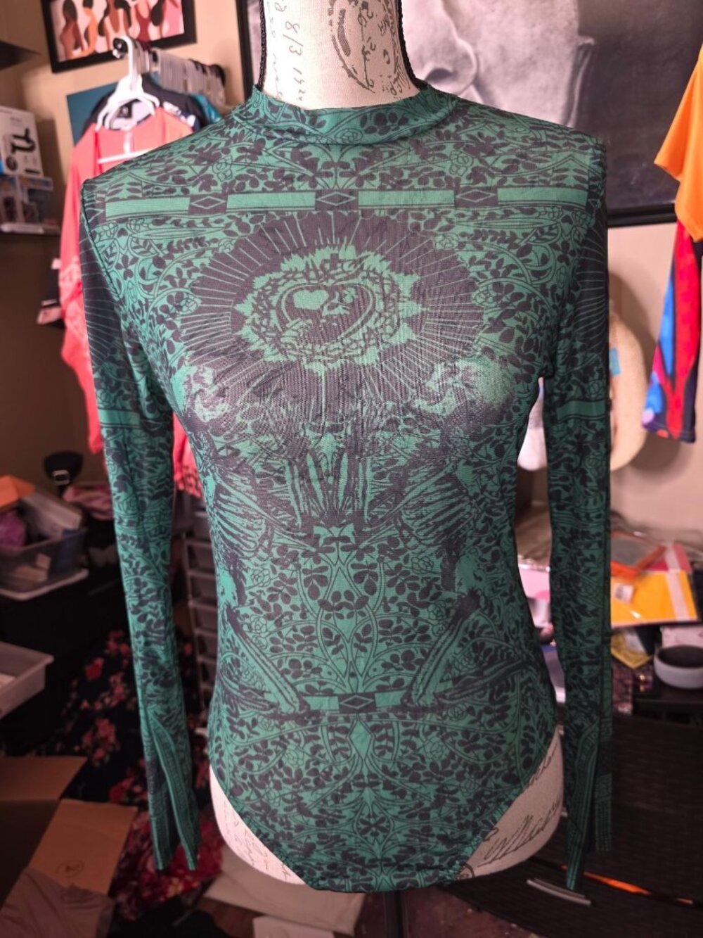 Green Black Sheer Long Sleeve Top With Intricate Heart & Floral Print - Size L